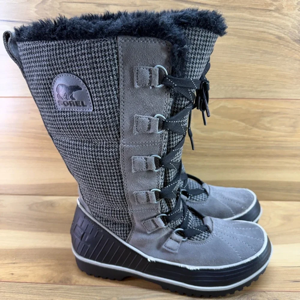 Sorel Tivolli Tall Boots Womens 9 Gray Houndstooth Waterproof Faux Fur Tall